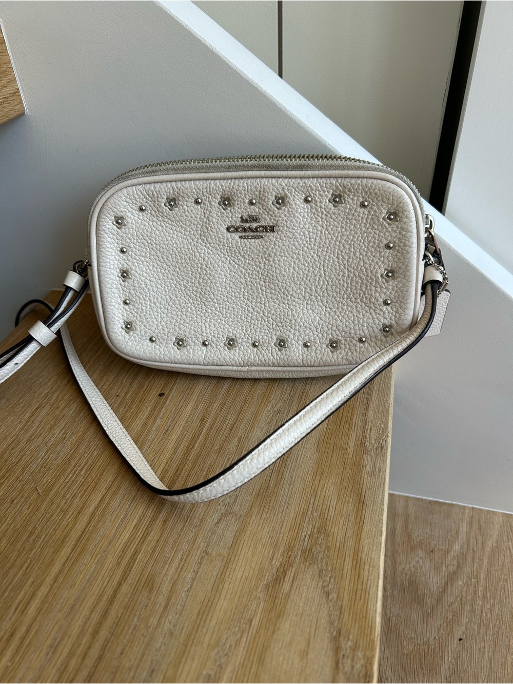 Coach White Pebbled Leather Studded Camera Bag